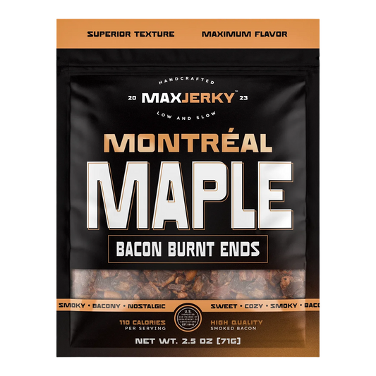 MaxJerky Montréal Maple Bacon Burnt Ends front of bag, window showing dark brown pieces of smoked bacon