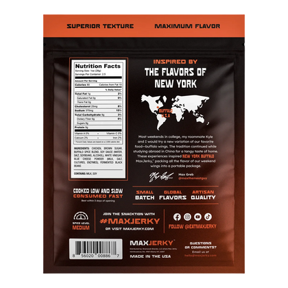 MaxJerky New York Buffalo Chicken Jerky back of bag with nutrition facts, ingredients, medium spice level and brand story