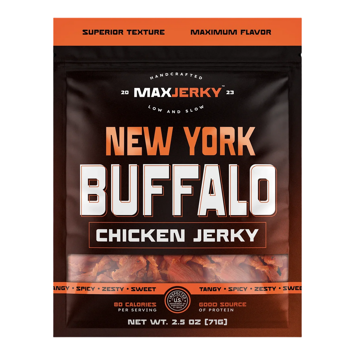 MaxJerky New York Buffalo Chicken Jerky front of bag, window showing small reddish-orange pieces of chicken jerky