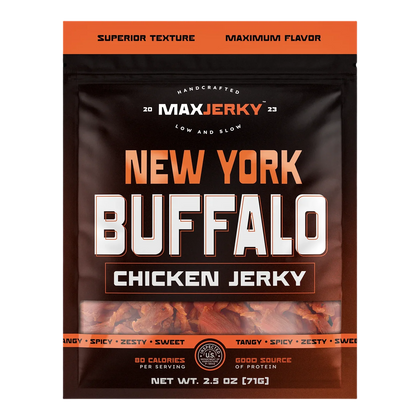 MaxJerky New York Buffalo Chicken Jerky front of bag, window showing small reddish-orange pieces of chicken jerky