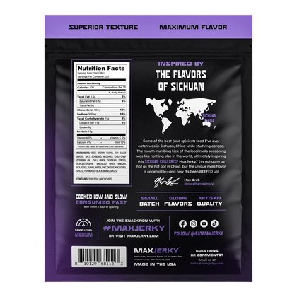 MaxJerky Sichuan Chili Crisp Beef Jerky back of bag with nutrition facts, ingredients, Sichuan story and medium spice level