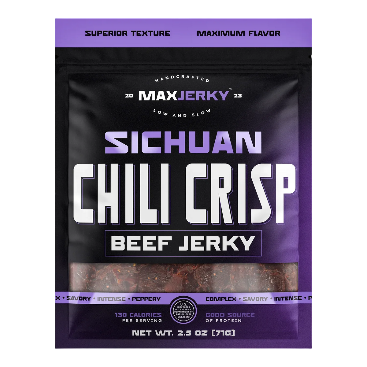 MaxJerky Sichuan Chili Crisp Beef Jerky front of bag, black and purple, with dark jerky pieces visible through the window
