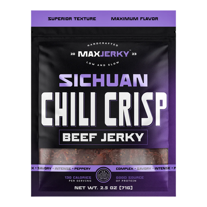 MaxJerky Sichuan Chili Crisp Beef Jerky front of bag, black and purple, with dark jerky pieces visible through the window
