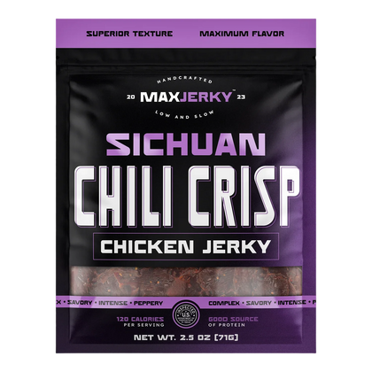 MaxJerky Sichuan Chili Crisp Chicken Jerky front of black and purple bag, window showing dark chili-flecked jerky pieces