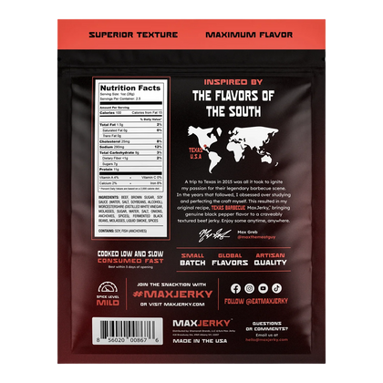 MaxJerky Texas Barbecue Beef Jerky back of bag with nutrition facts, ingredients, allergens and Texas story