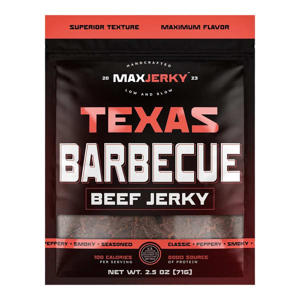 MaxJerky Texas Barbecue Beef Jerky front of black and red bag with window showing dark seasoned jerky pieces