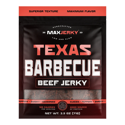 MaxJerky Texas Barbecue Beef Jerky front of black and red bag with window showing dark seasoned jerky pieces