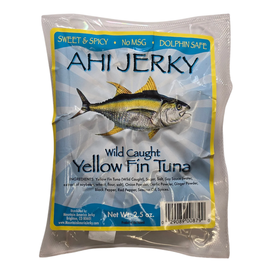 Mountain America Jerky Sweet & Spicy Ahi Jerky front: clear vacuum-sealed bag, blue label with yellow fin tuna illustration