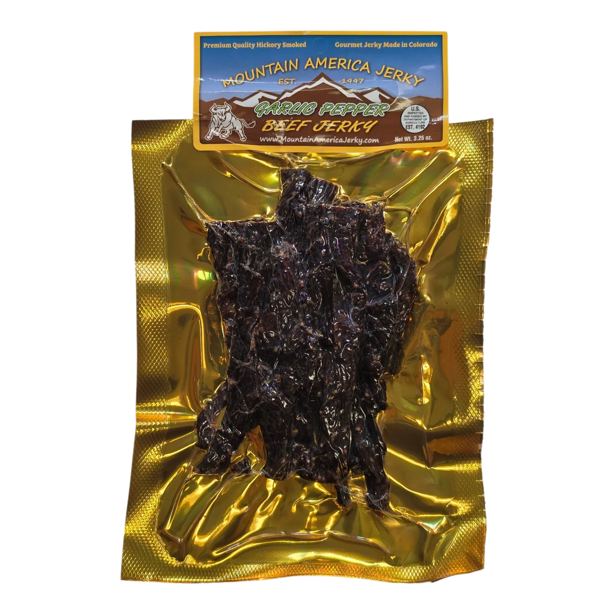 Mountain America Jerky Garlic Pepper Beef Jerky front: gold bag with a window showing dark strips flecked with pepper
