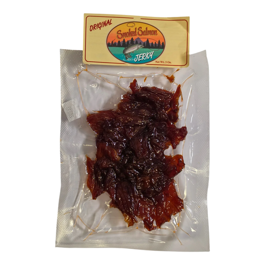 Mountain America Jerky Original Smoked Salmon Jerky front: clear pack of dark, glossy salmon pieces under a leaping fish logo