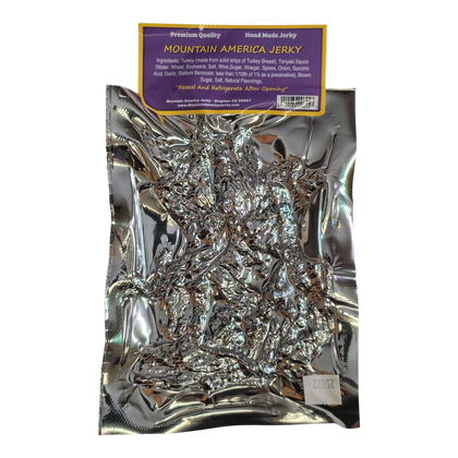Mountain America Jerky Original Turkey Jerky back label with ingredients, reseal note