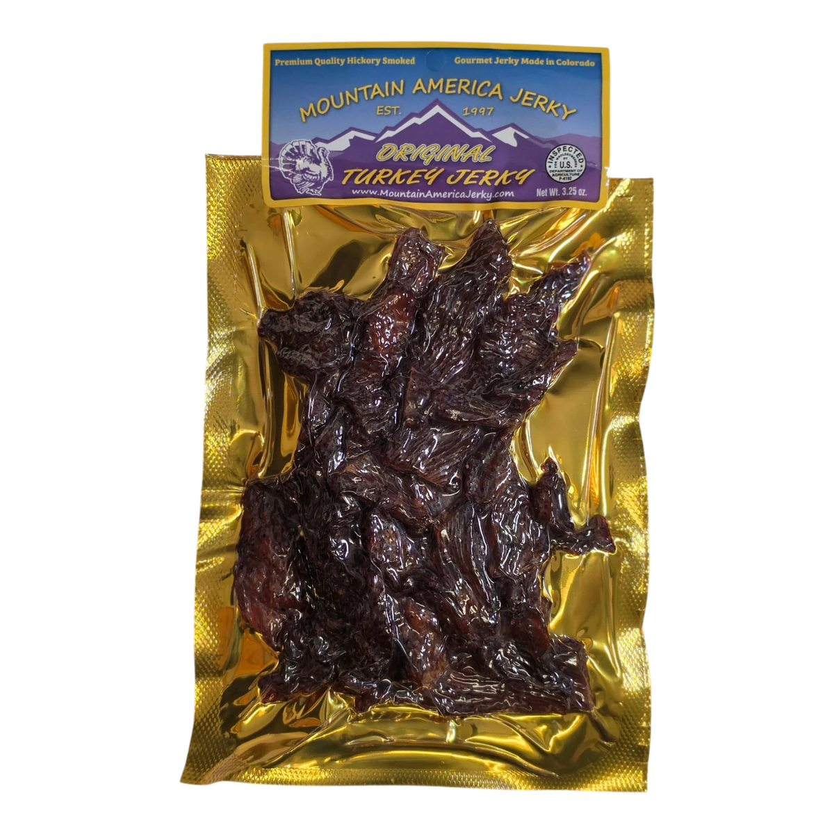 Mountain America Jerky Original Turkey Jerky front: gold bag with dark, glossy hickory smoked turkey strips visible