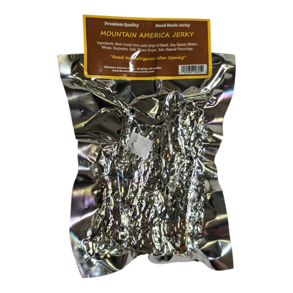 Mountain America Jerky Peppered Beef Jerky back: silver bag, ingredients, reseal note