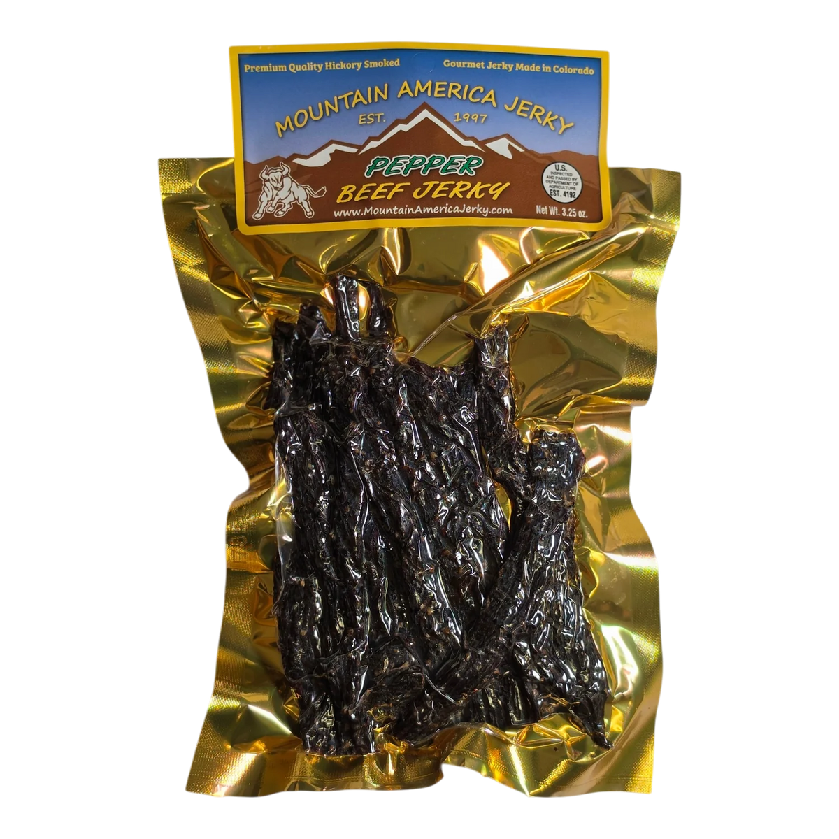 Mountain America Jerky Peppered Beef Jerky front: gold bag, mountain and bull label, window showing dark spiced strips