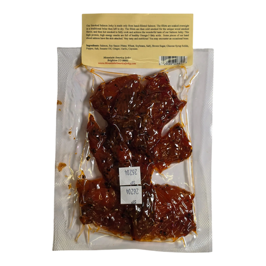 Mountain America Jerky Peppered Salmon Jerky back: label with smoking process, ingredients
