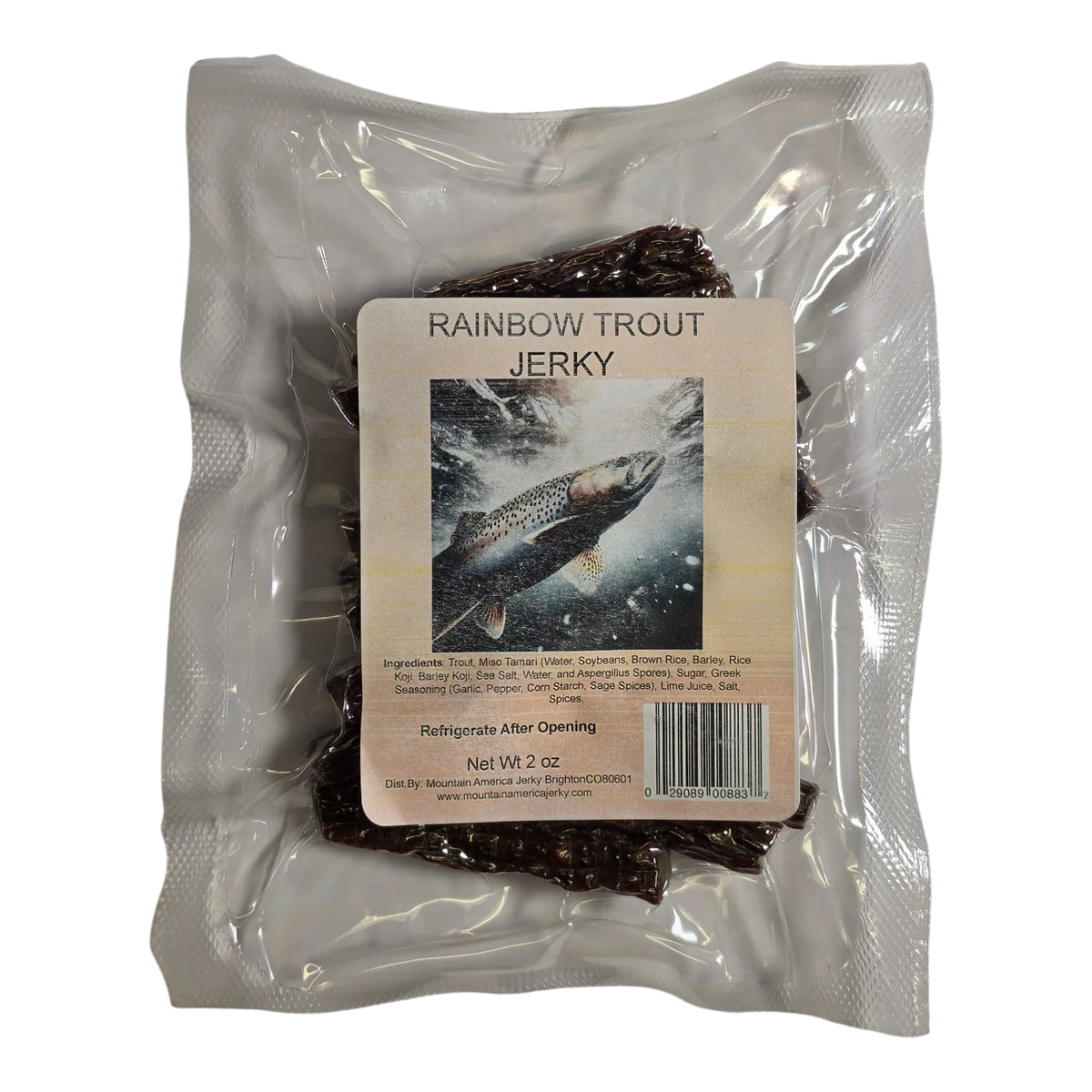 Mountain America Jerky Rainbow Trout Jerky front: clear vacuum-sealed pack, dark jerky strips visible behind the trout label