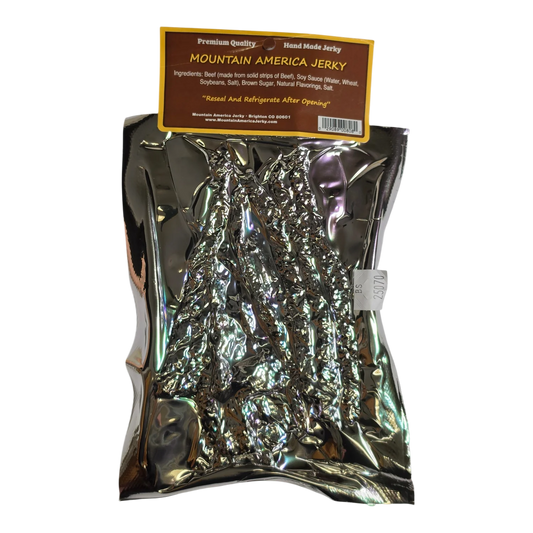 Mountain America Jerky Spicy Beef Jerky back label with ingredients, reseal