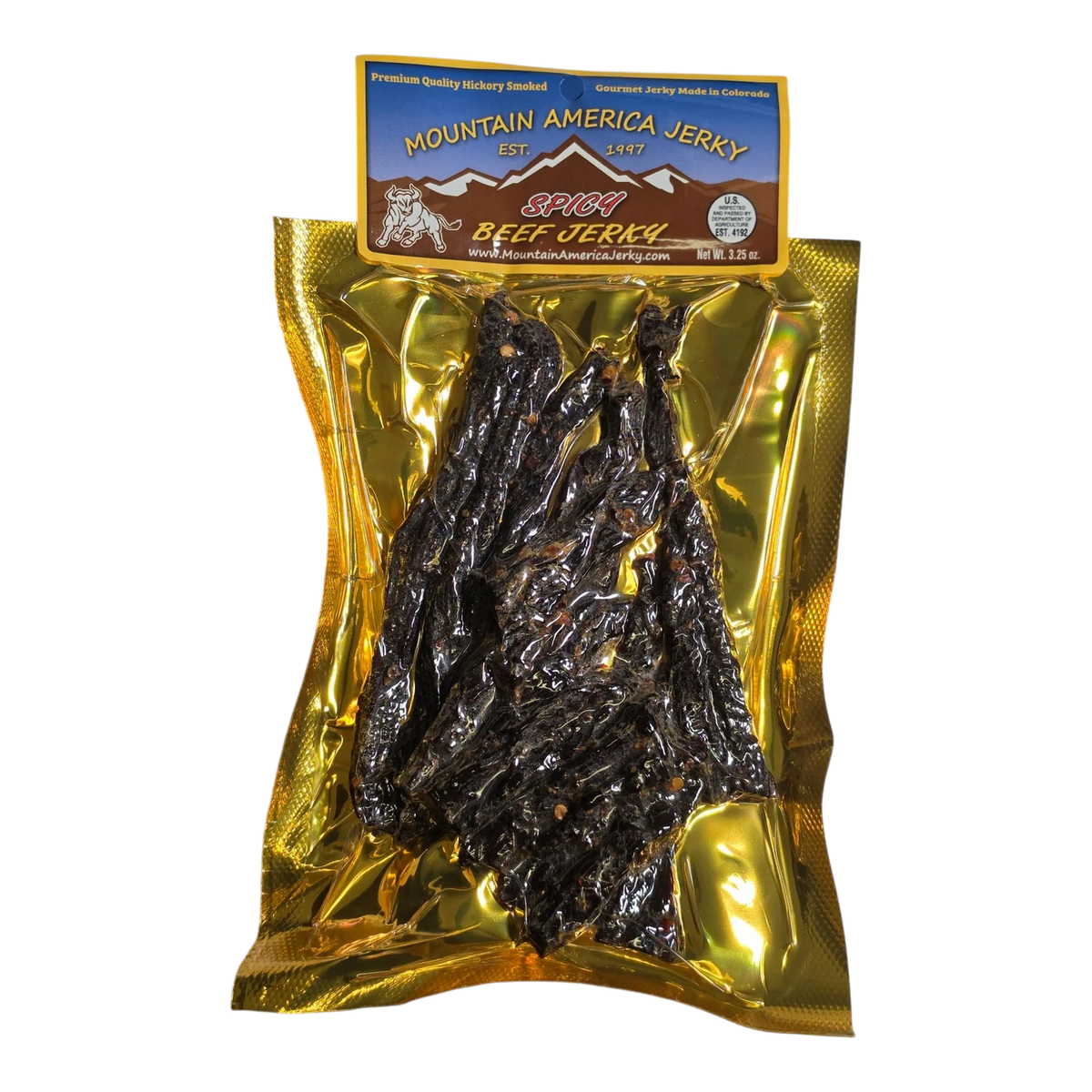 Mountain America Jerky Spicy Beef Jerky front, gold bag with window showing dark smoked beef strips flecked with red pepper