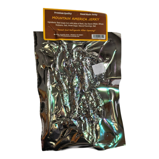 Mountain America Jerky Sweet & Spicy Beef Jerky back label with ingredients, Brighton CO address and reseal note