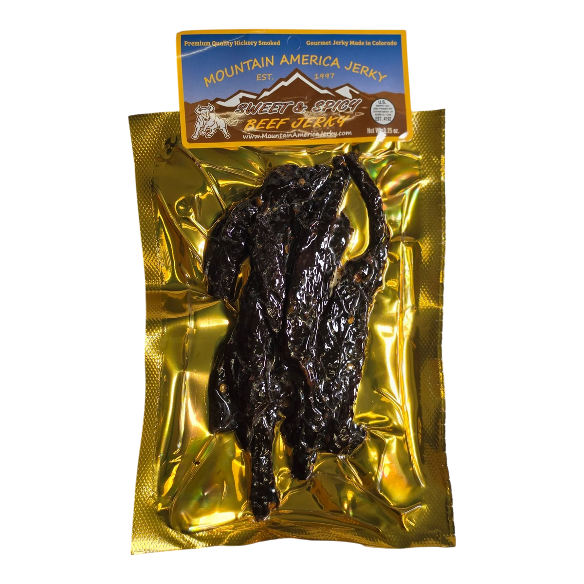 Mountain America Jerky Sweet & Spicy Beef Jerky front, gold vacuum pack with dark glossy beef strips visible