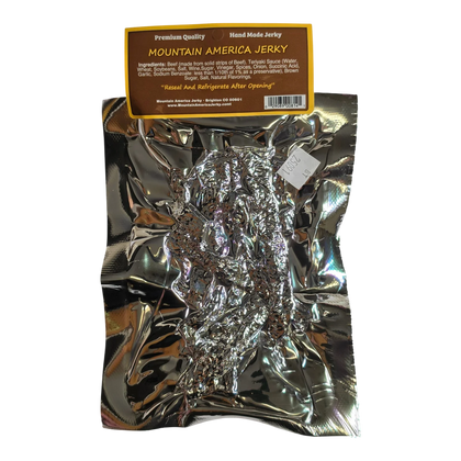 Mountain America Jerky Teriyaki Beef Jerky back label with ingredients, reseal note