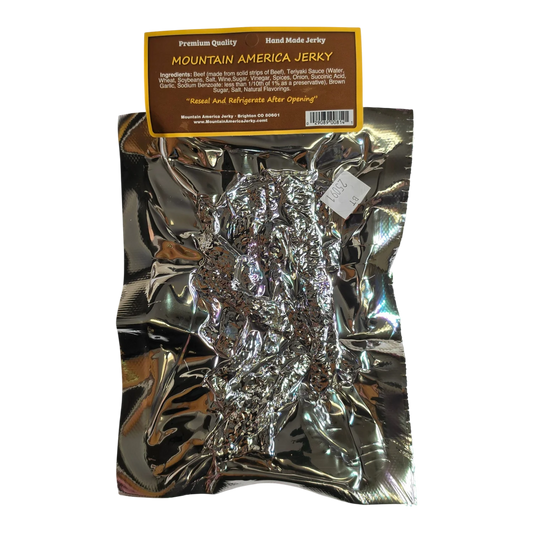 Mountain America Jerky Teriyaki Beef Jerky back label with ingredients, reseal note