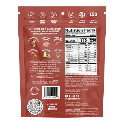 Pan's Mushroom Jerky Applewood BBQ bag back with nutrition facts, ingredients, flavor notes and vegan, soy free badges