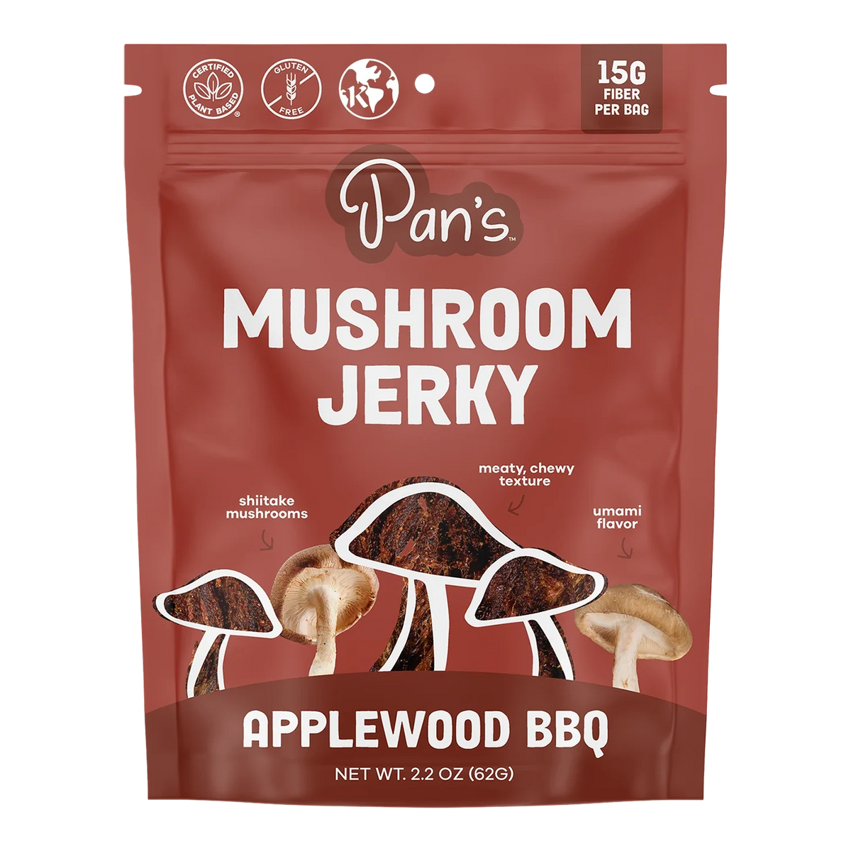 Pan's Mushroom Jerky Applewood BBQ bag front with shiitake and jerky artwork, plant based, gluten free and kosher badges
