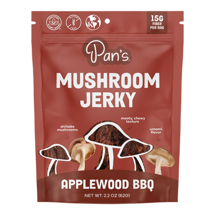 Pan's Mushroom Jerky Applewood BBQ bag front with shiitake and jerky artwork, plant based, gluten free and kosher badges