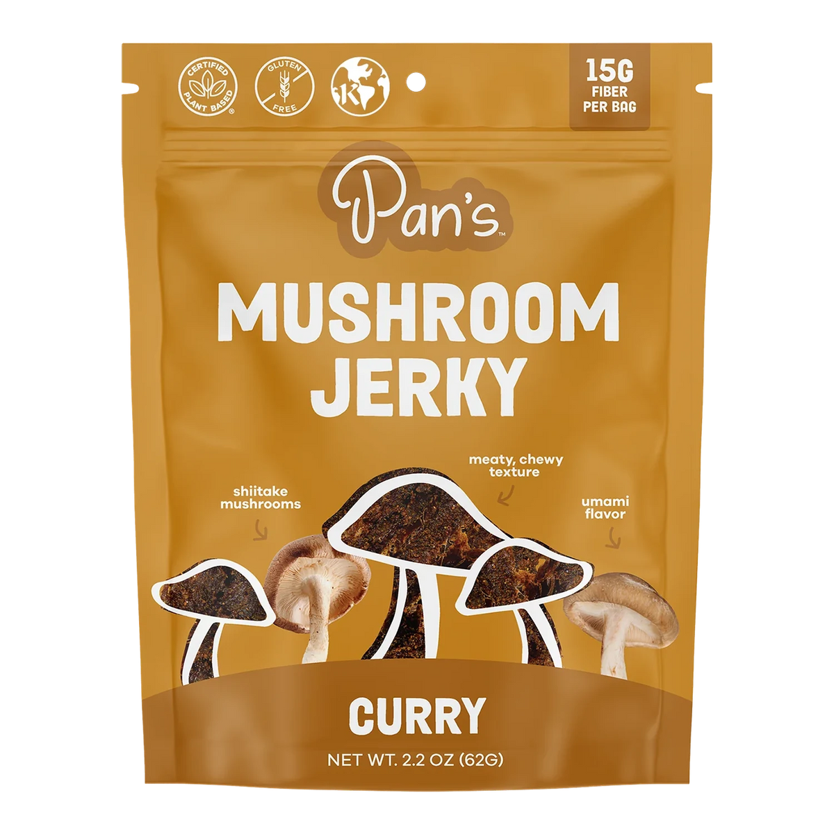Front of Pan's Mushroom Jerky Curry bag with jerky pieces, shiitake mushrooms and plant based, gluten free and kosher badges