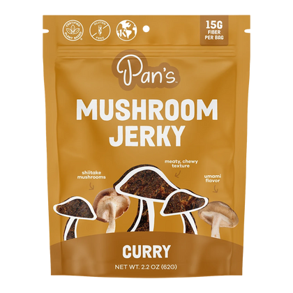 Front of Pan's Mushroom Jerky Curry bag with jerky pieces, shiitake mushrooms and plant based, gluten free and kosher badges