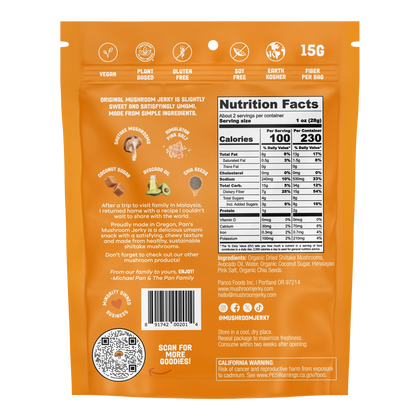 Pan's Mushroom Jerky Original back of bag with nutrition facts, ingredients, vegan, gluten free and soy free badges
