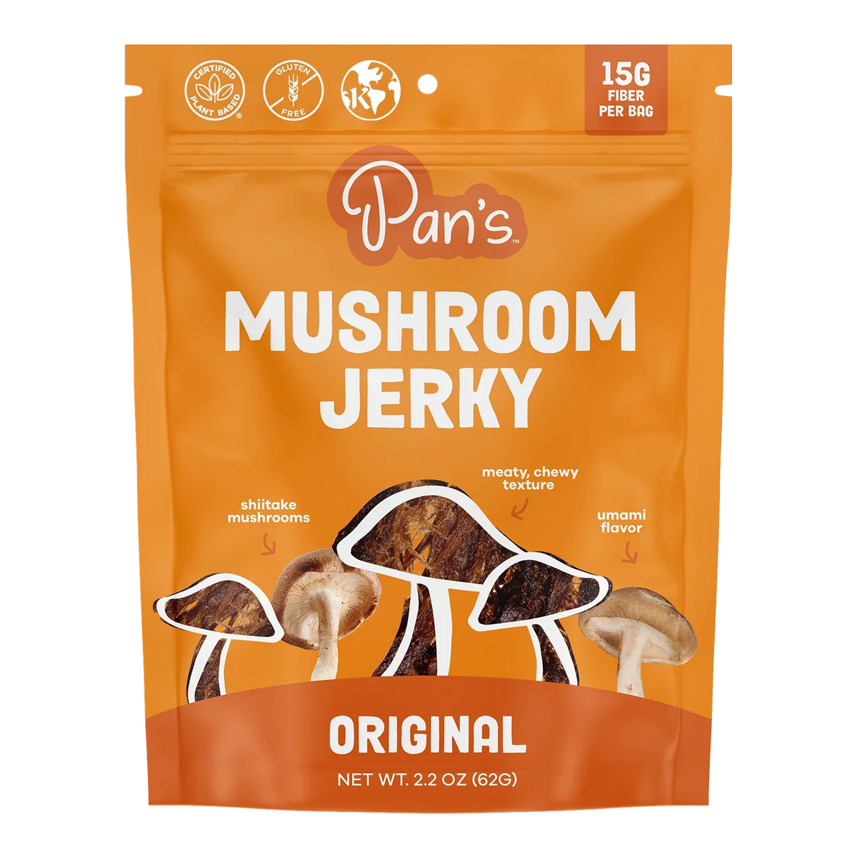 Pan's Mushroom Jerky Original front of bag, orange pouch printed with shiitake mushrooms and jerky pieces, no window