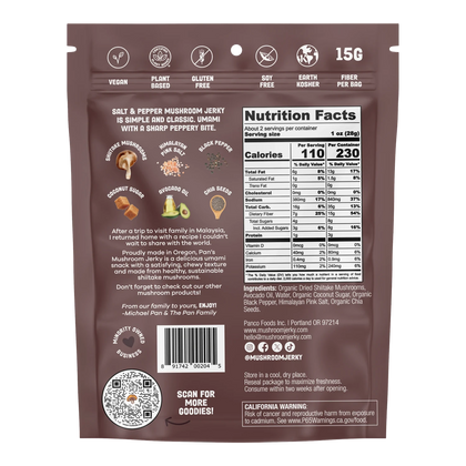Back of Pan's Mushroom Jerky Salt & Pepper bag with ingredient icons, nutrition facts, ingredients, vegan and kosher badges