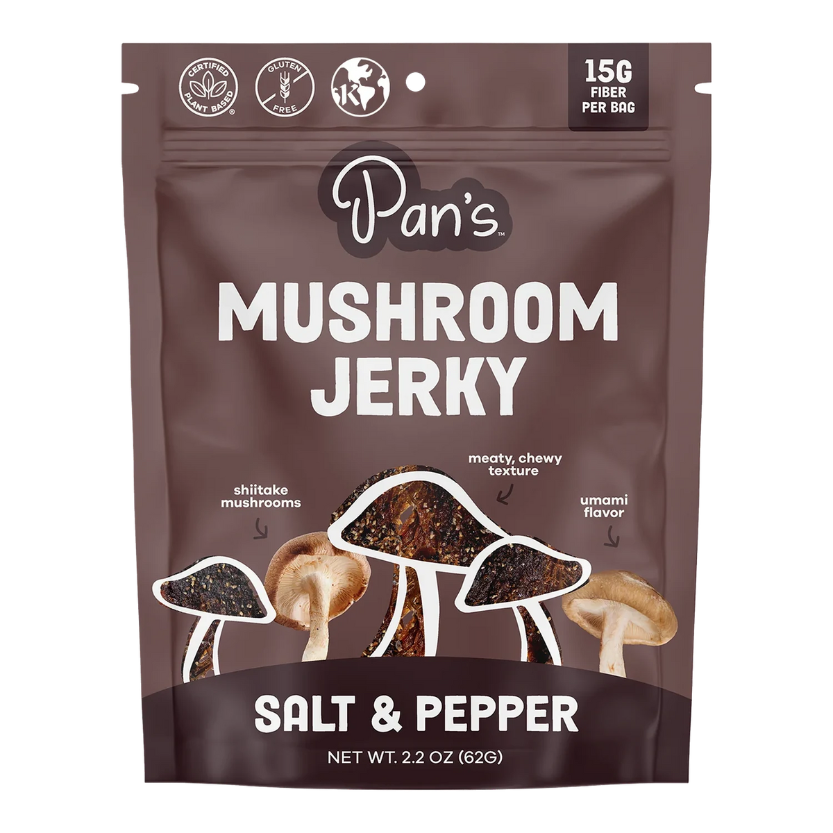 Front of Pan's Mushroom Jerky Salt & Pepper bag with shiitake mushroom and jerky artwork, plant based and gluten free badges