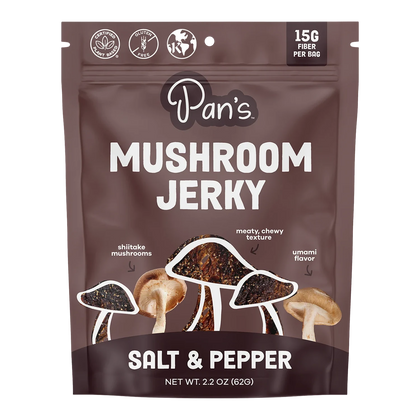 Front of Pan's Mushroom Jerky Salt & Pepper bag with shiitake mushroom and jerky artwork, plant based and gluten free badges