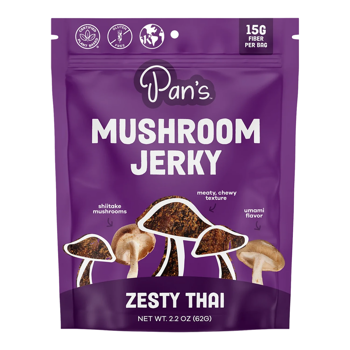 Pan's Mushroom Jerky Zesty Thai front of bag with shiitake and jerky artwork, Certified Plant Based and Gluten Free badges
