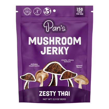 Pan's Mushroom Jerky Zesty Thai front of bag with shiitake and jerky artwork, Certified Plant Based and Gluten Free badges