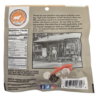 Pearson Ranch Cowboy Original beef jerky back with Nutrition Facts, ingredients and the New Mexico family ranch story