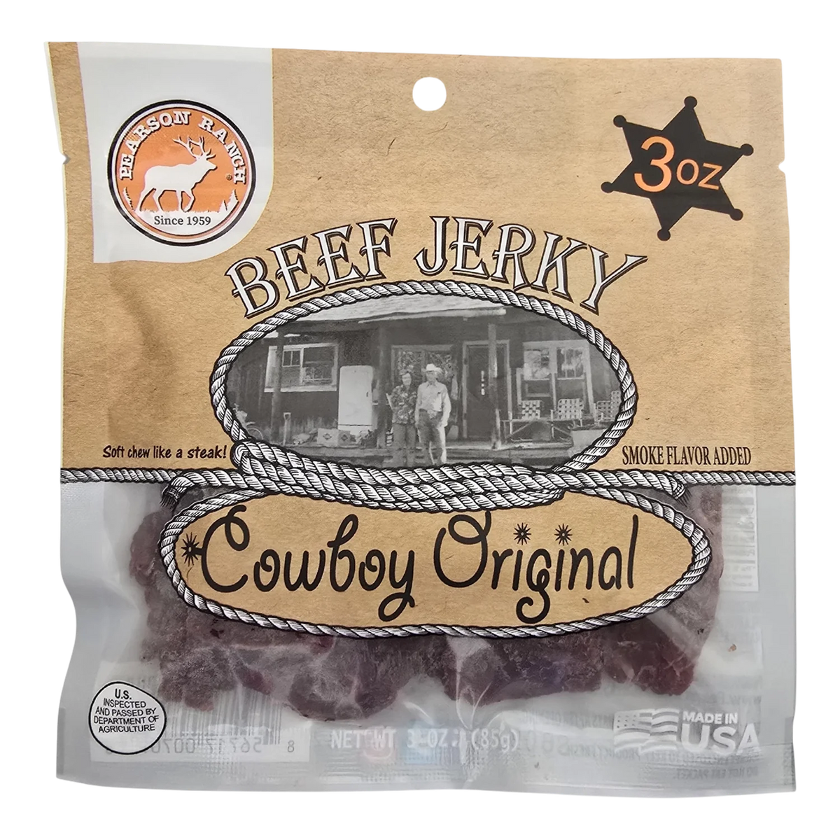 Pearson Ranch Cowboy Original beef jerky front, kraft bag with window showing dark reddish-brown pieces, smoke flavor added