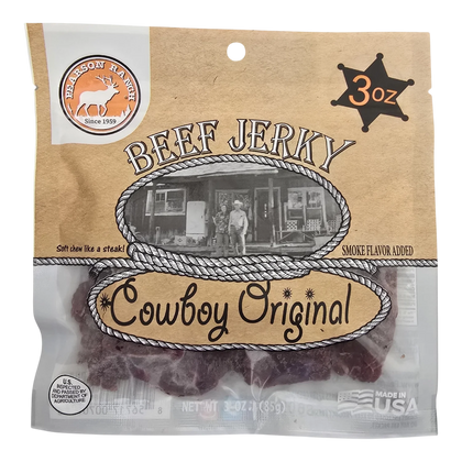 Pearson Ranch Cowboy Original beef jerky front, kraft bag with window showing dark reddish-brown pieces, smoke flavor added