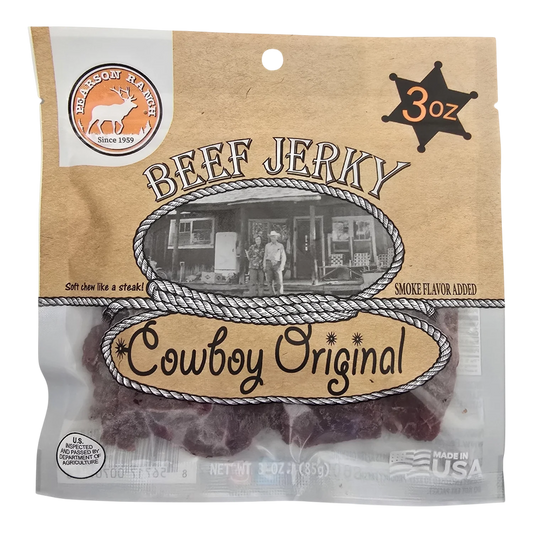 Pearson Ranch Cowboy Original beef jerky front, kraft bag with window showing dark reddish-brown pieces, smoke flavor added