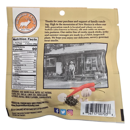 Pearson Ranch Hot & Sweet beef jerky back with Nutrition Facts, ingredients, New Mexico ranch story and UPC barcode