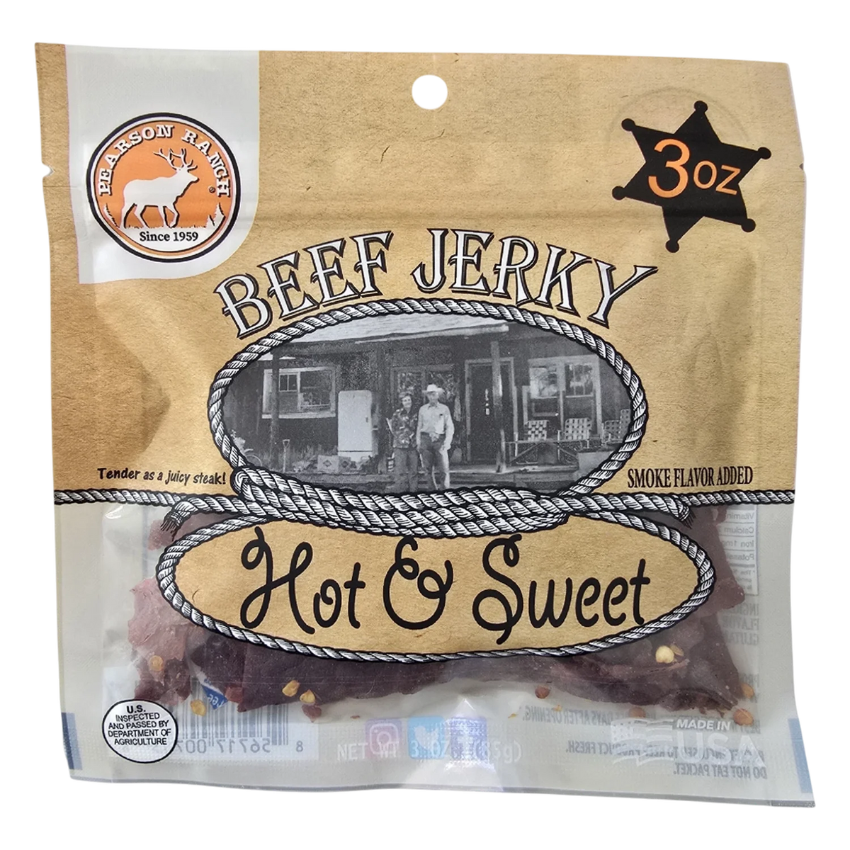 Pearson Ranch Hot & Sweet beef jerky front, kraft bag with window showing dark beef strips flecked with red spice