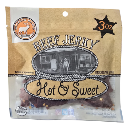 Pearson Ranch Hot & Sweet beef jerky front, kraft bag with window showing dark beef strips flecked with red spice