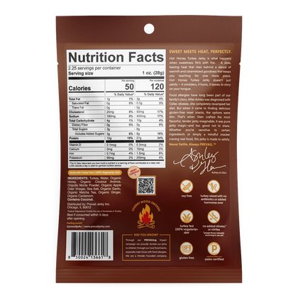 PREVAIL Jerky Hot Honey Turkey Jerky back with Nutrition Facts, ingredients, cherry wood smoked and paleo certified badges