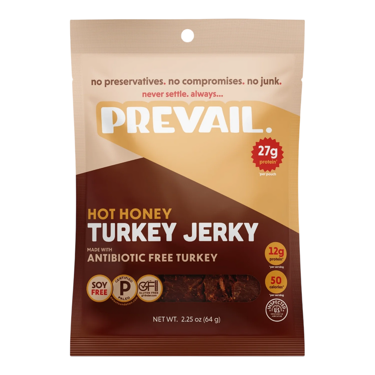 PREVAIL Jerky Hot Honey Turkey Jerky front, tan and brown bag with window showing dark reddish-brown jerky pieces