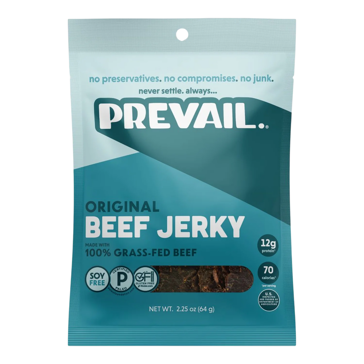 PREVAIL Original Beef Jerky front of bag, teal package with a window showing dark brown jerky pieces and 12g protein badge