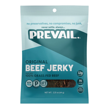 PREVAIL Original Beef Jerky front of bag, teal package with a window showing dark brown jerky pieces and 12g protein badge