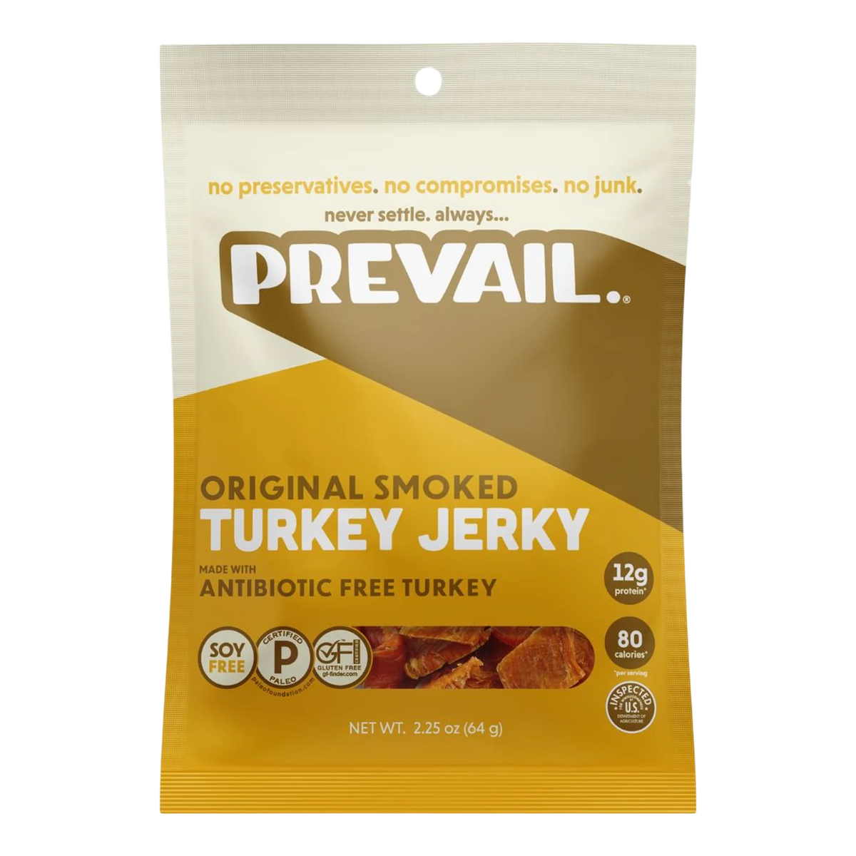 PREVAIL Jerky Original Smoked Turkey Jerky front, yellow bag with window showing dark reddish-brown jerky pieces